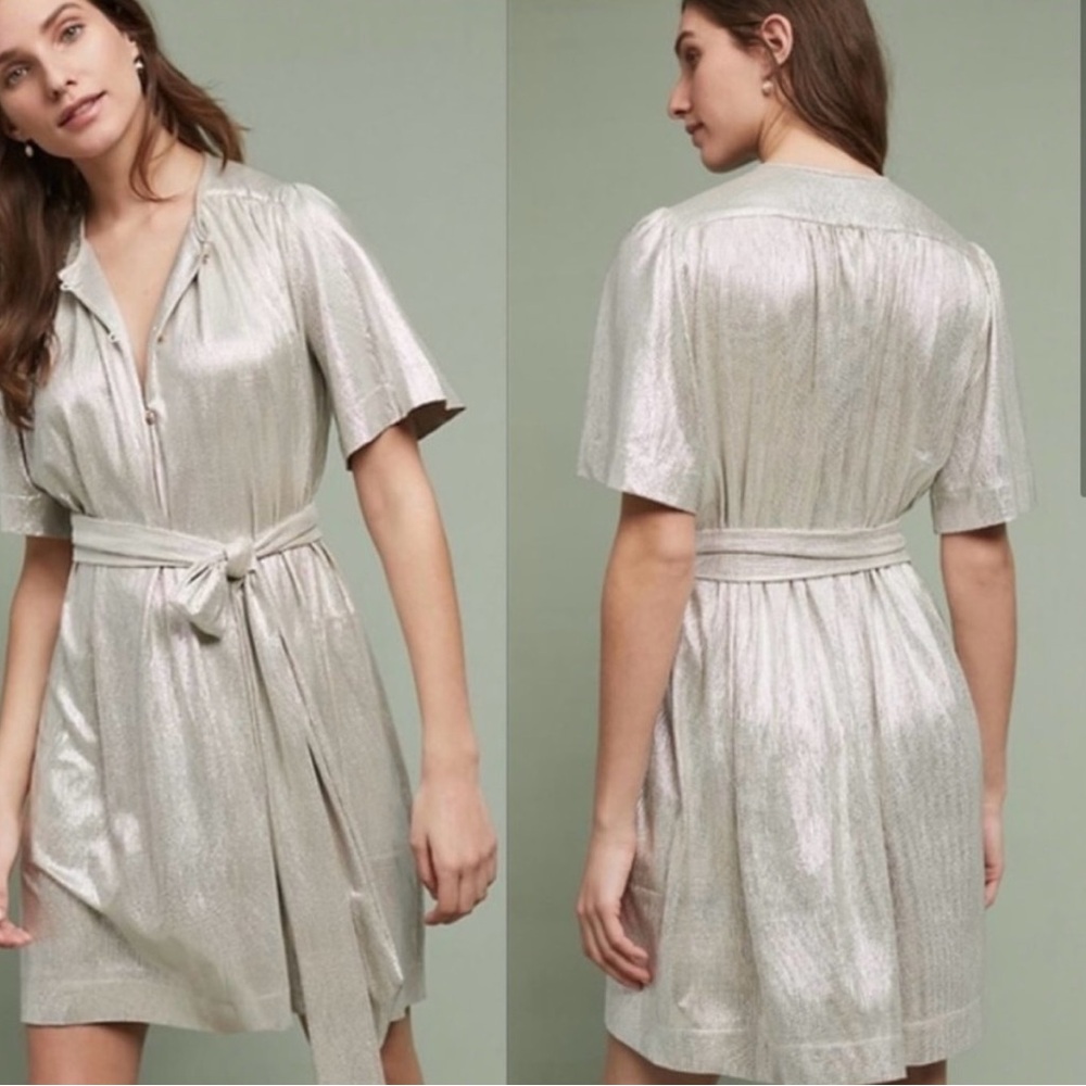 Sabina Musayev Metallic Mercury Drip Belted Shirt Short Sleeve Mini Dress Size L